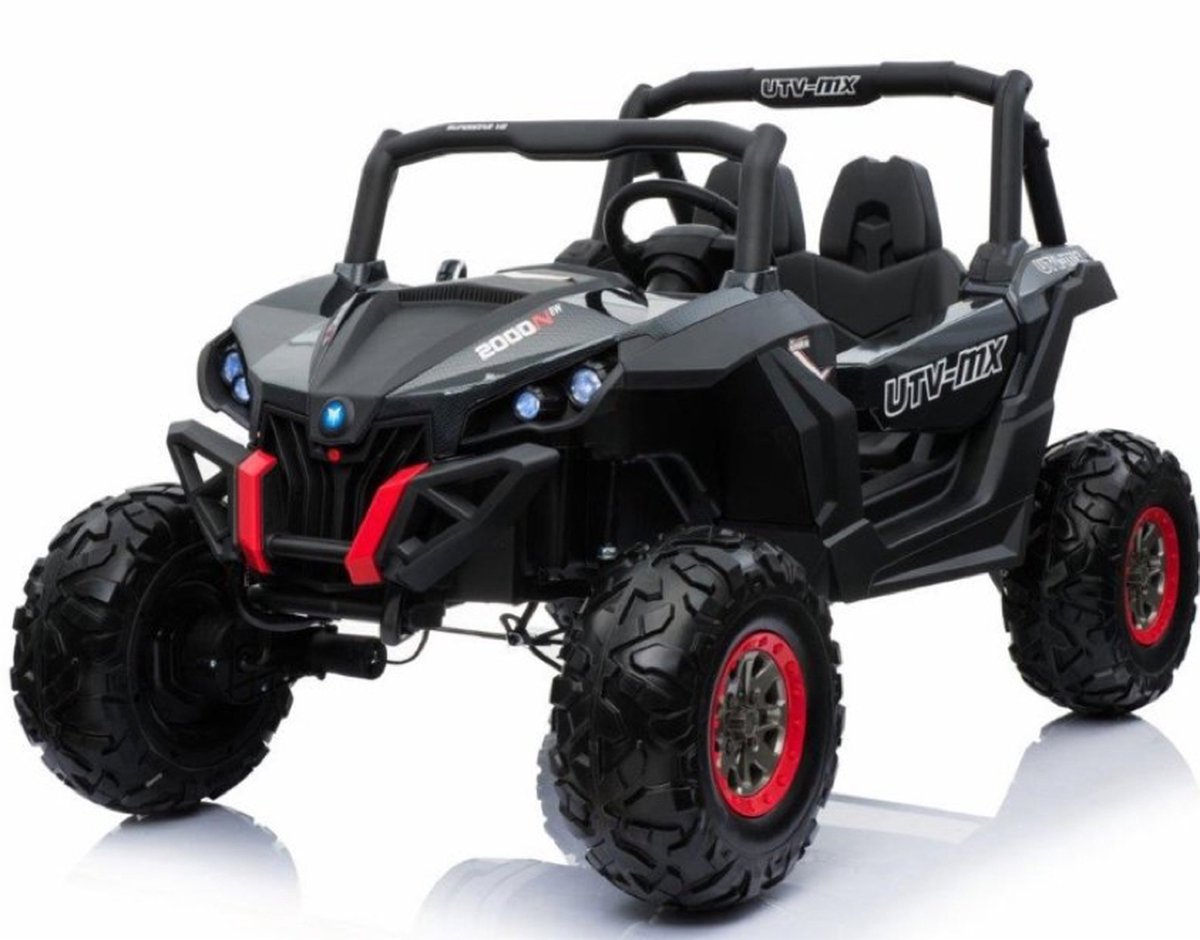 UTV-MX 2-Persoons buggy | Elektrische kinderauto | Accu auto kind 24V 4×4, Rubberen banden, Leren zitjes en Afstandsbediening (Zwart)